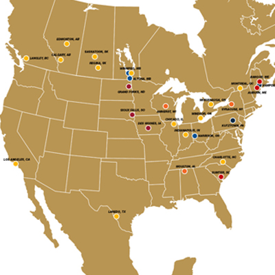 Map of Bison terminals across Canada, the U.S. and Mexico